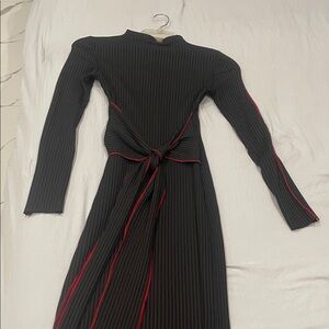 Black Ribbed Long-Sleeve Wrap Dress with Red Trim